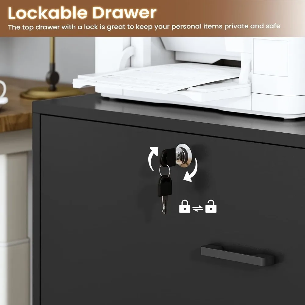 خزانة ملفات مع درجين ورف كتب وأضواء LED للمكتب المنزلي (أسود) #2