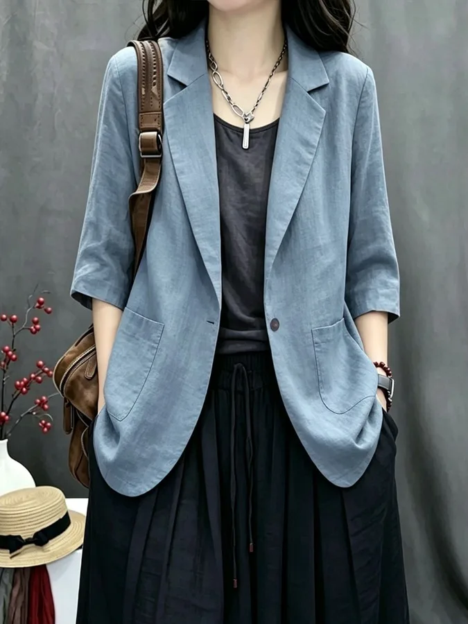 Casual Cotton Linen Women's Short Jacket Loose Fit Pure Color Seven Sleeve Upper Body Fashionable Versatile Standard Size