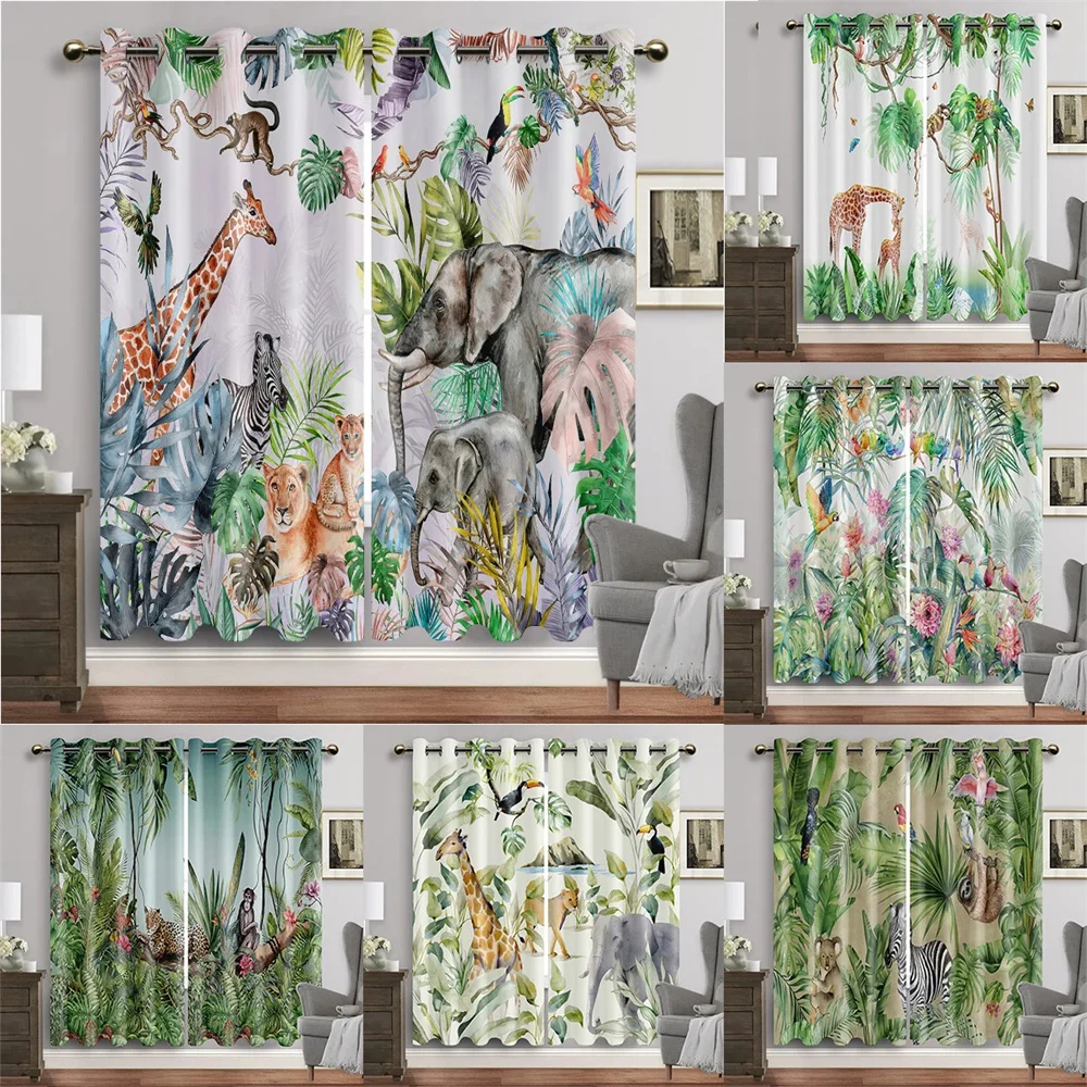 

Cartoon Animal Jungle Lion Elephant Tree Window Curtain Blinds For Living Room Kids Bedroom Bathroom Kicthen Door Home Decor2Pcs