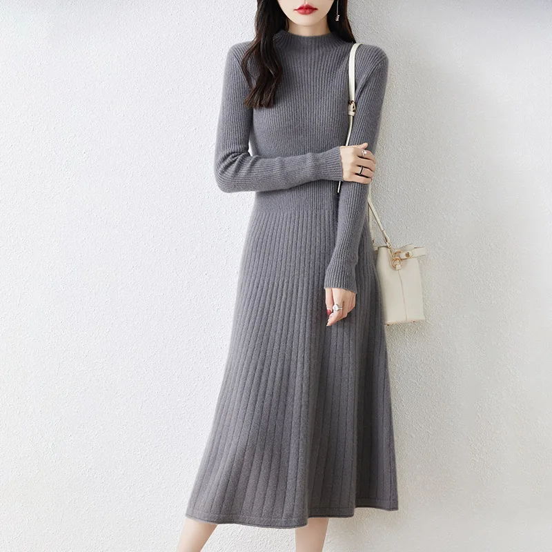 Hot Sale 100% Pure Wool Knitted Sweater Women Long Sleeve Standard Cashmere Knitwear 2023 Winter New Fashion Female Dresses