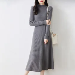Women's 100% Pure Wool Knitted Long Sleeve Sweater Standard Cashmere Knitwear Winter Fashion Female Dresses 2023 Hot Sale