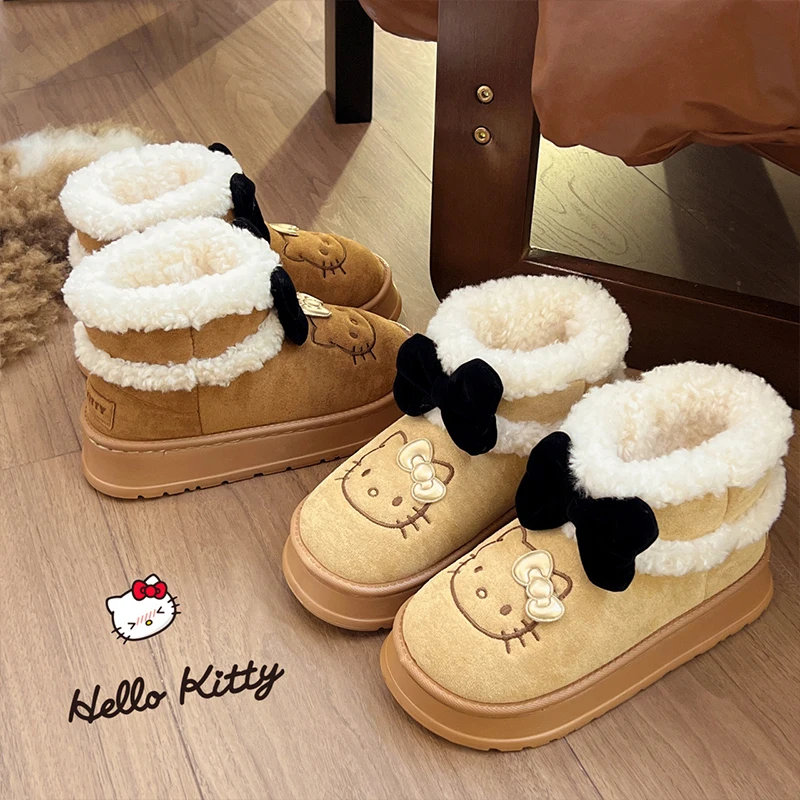 Miniso 24 Anime Cartoon Bow Hello Kitty Cute Pompon Fur Winter Warm Snow Boot Fluffy Boots Shoes Christmas Gift Birthday Present