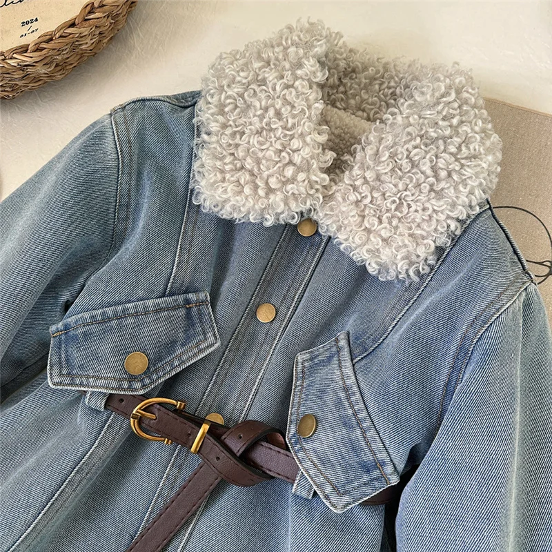 Winter Girls Thick Demin Coats Baby Plus Velvet Warm Outerwear With Belt Kids Princess Designed Long Jackets Children Clothes view 3