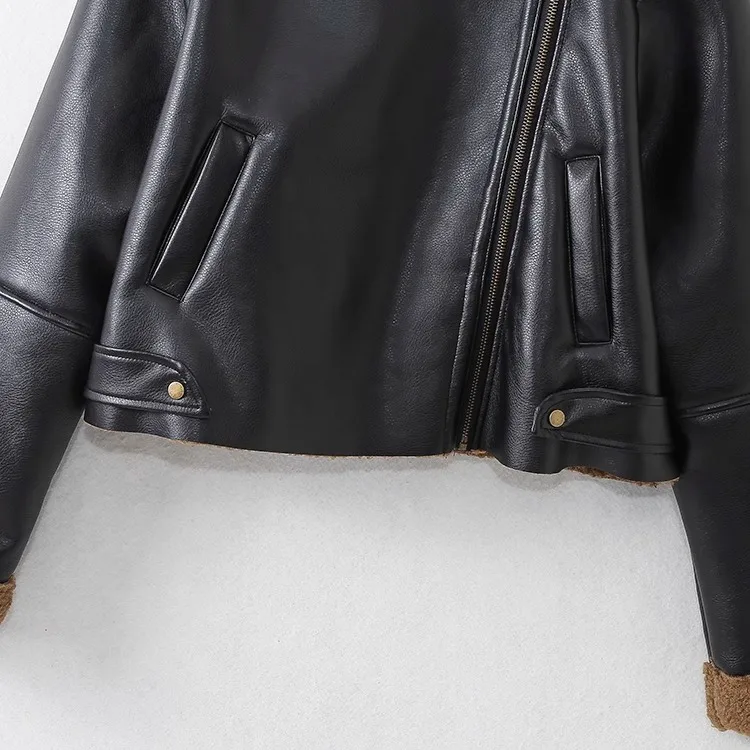 JNLEAOG Jesienna Nowa Damska Kurtka Motocyklowa z Aksamitną Podszewką, Uniwersalny Krój Prosty, Długi Rękaw, Zapinana na Zamek