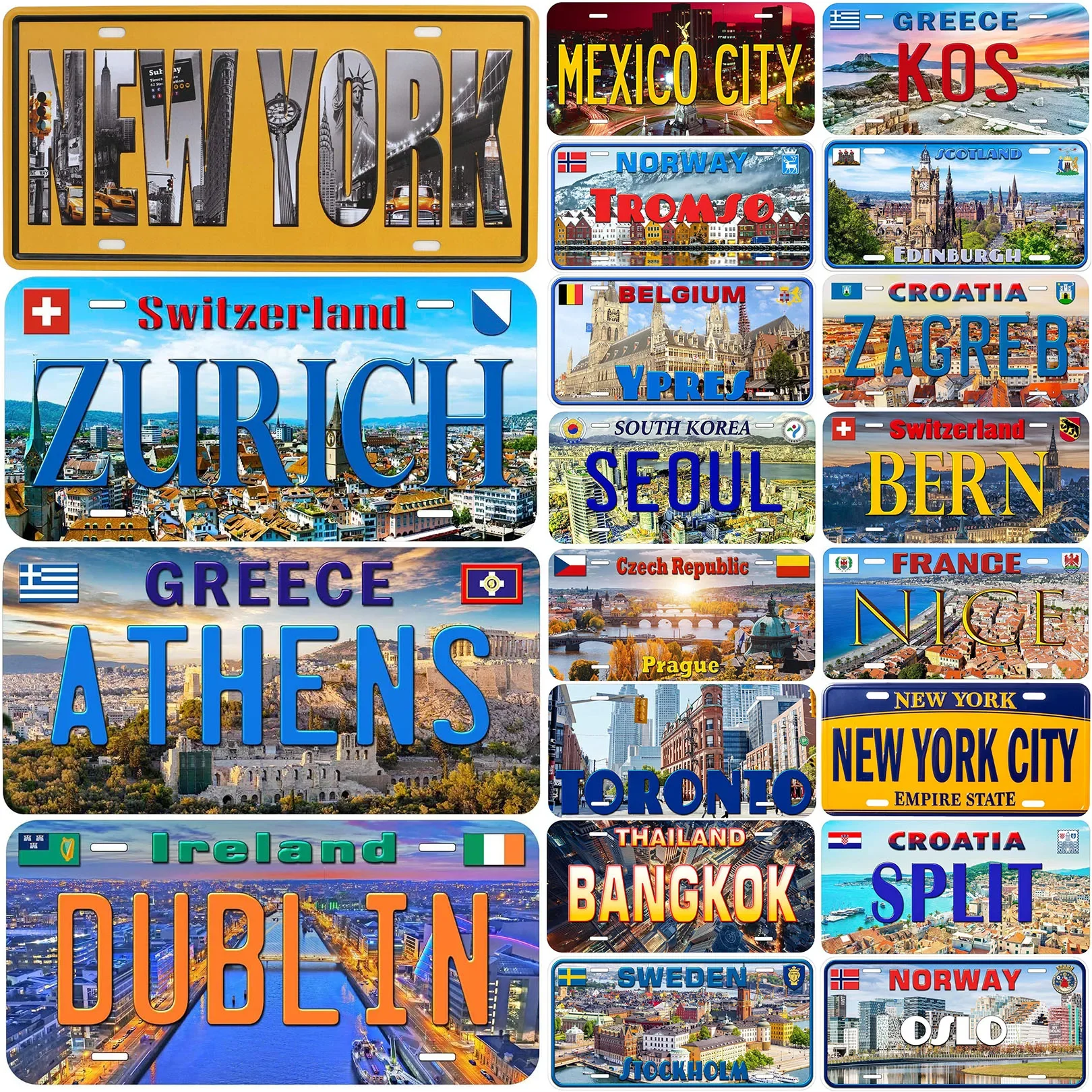 City License Plate New York Zurich Athens Toronto Vintage Rusty Metal Tin Sign Metal Car Tag 6X12 Inches For Garage Cafe Bar Pub