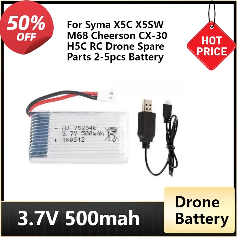 752540 For Syma X5C X5SW M68 Cheerson CX-30 H5C RC Drone Spare Parts 2-5pcs Battery Packs 3.7V 500mAh Lipo Battery With Charger