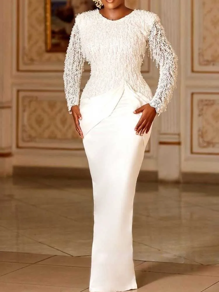 Chic Dress Elegant Woman Long Lace Sleeves Sexy White Birthday Dress Slim Waist Tassel Vintage Evening Dress Maxi
