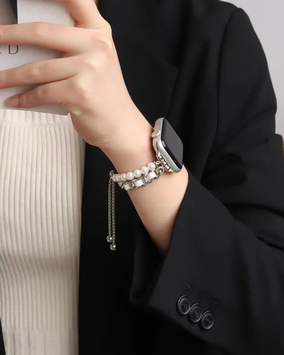 Nice Beads metal leather link loop For Apple Watch band women Series Ultra 10/9/8/7/6 38mm 40mm 41mm 42mm 44mm 45mm 46mm Strap