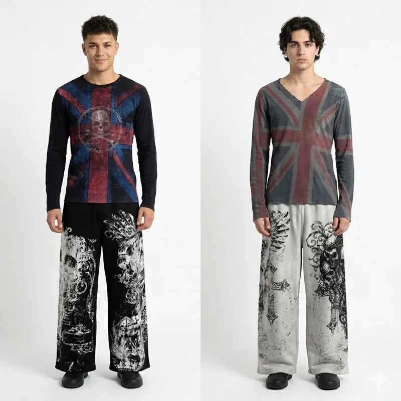 Y2K Gothic Union Jack Print Long Sleeve T Shirt Wide Leg Pants Set