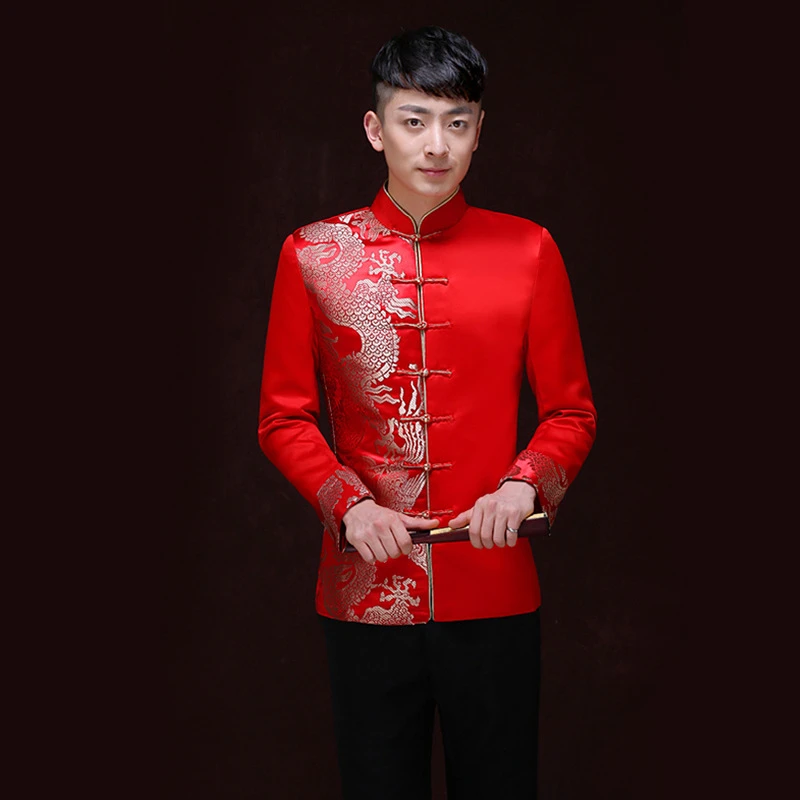 Tang Suit Red Traditional Chinese Clothing Men Hanfu Embroidery Top Dragon Print Vintage Satin Kungfu New Year Party Etiquette