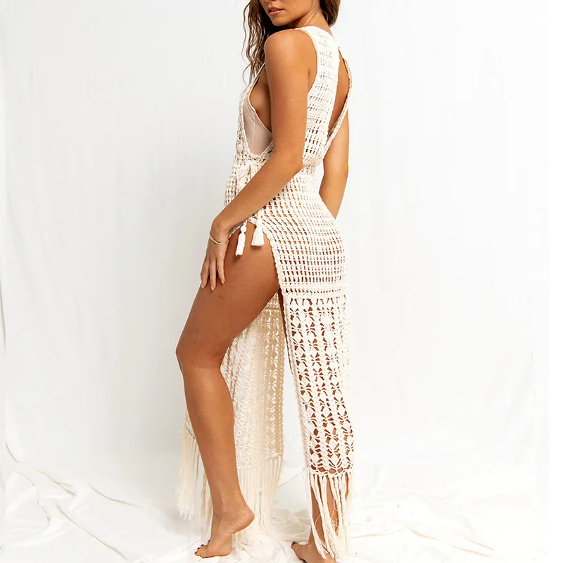 Woman Bikini Cover Up See-through Bathing Suit Women White Crochet Dress Tassels Beach Cover-ups Holiday 2024 Trend Swimwear