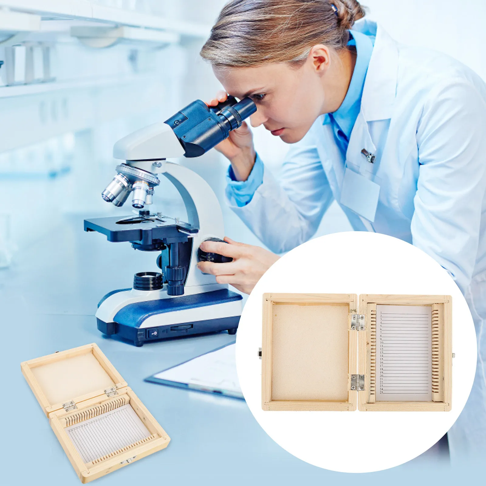 

Wooden Microscope Slide Storage Box 100 Slots Numbered Organizer for Lab Specimens Collection with Content Sheet