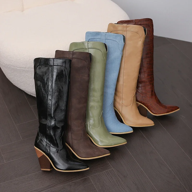 Winter Cowgirl Knee High Boots Western Women Wedge Heels Brown Black Party Dress Slip-on Versatile Pointed Toe Cowboy Long Boots