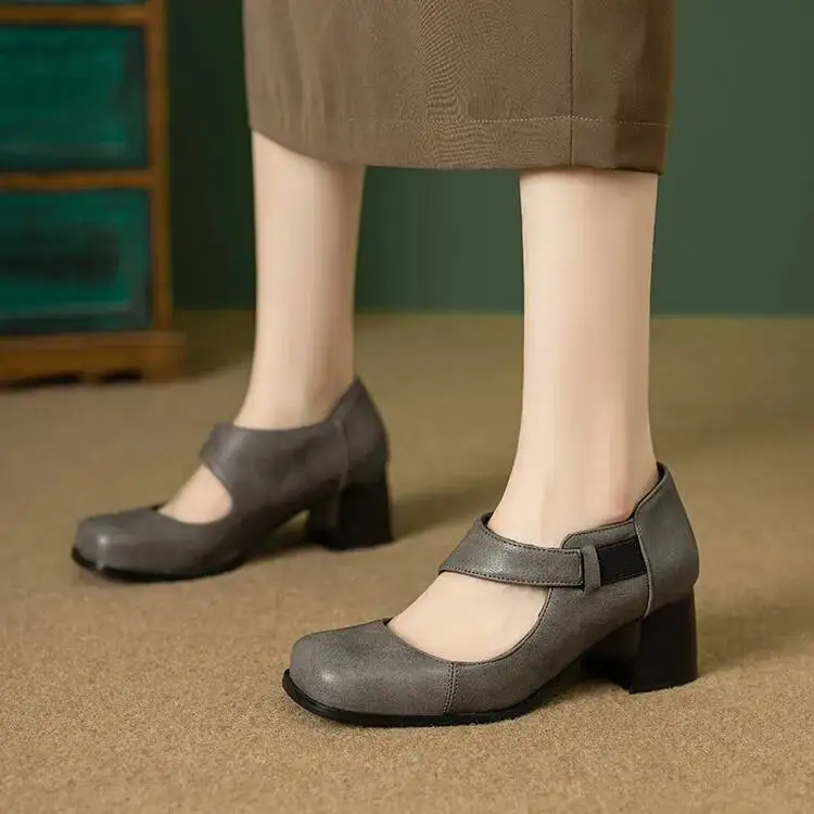 Grey Mary Jane Pumps Women Square Toe Ankle Strap Chunky Heel Leather Women's Shoes