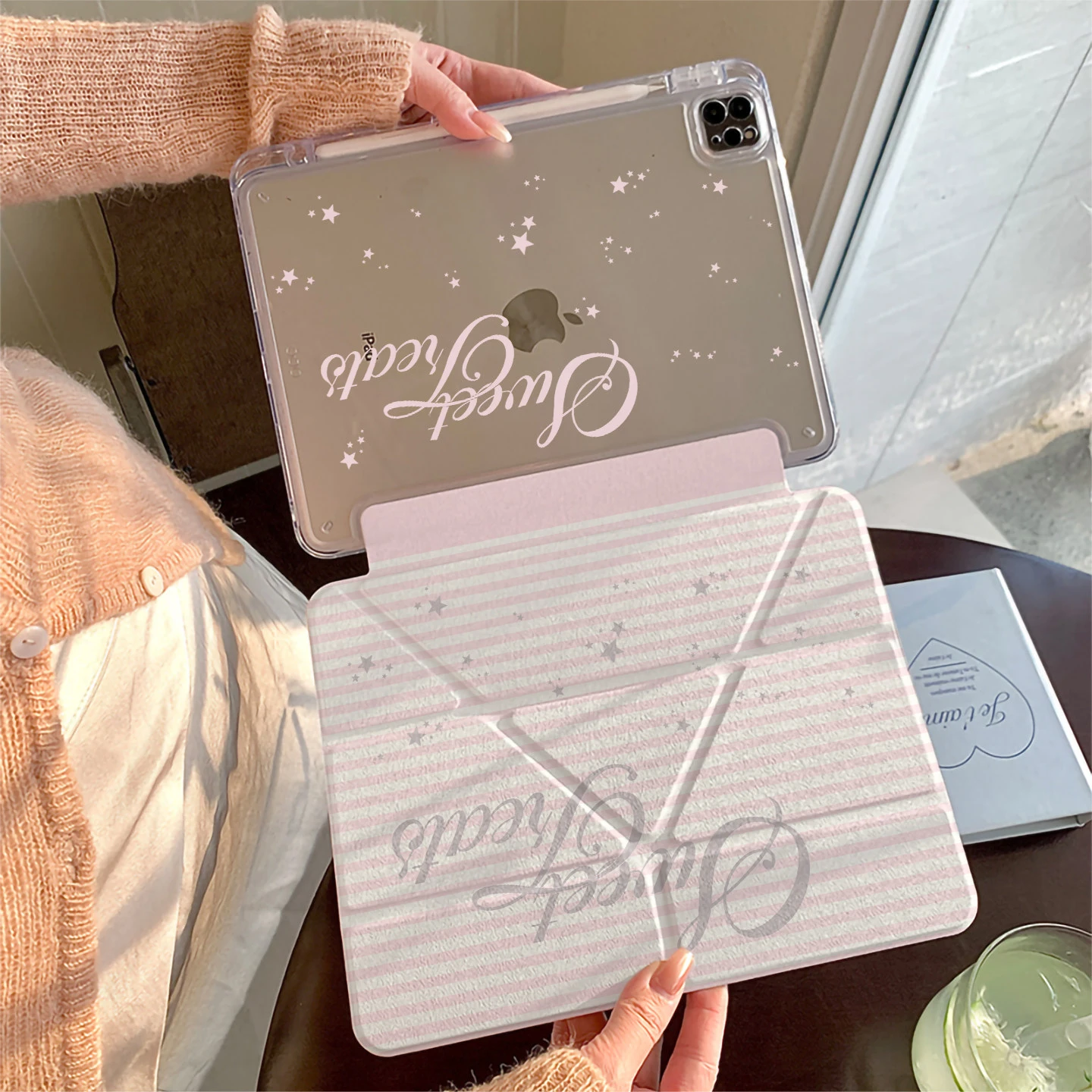 Cute Star English Pink Stripe Y2K Tablet Case For iPad Pro 11 12.9 13 A16 M2 M4 M3 M5 5/6/7/8/9/10/11th Mini Air 3 4 5 6 7 Cover