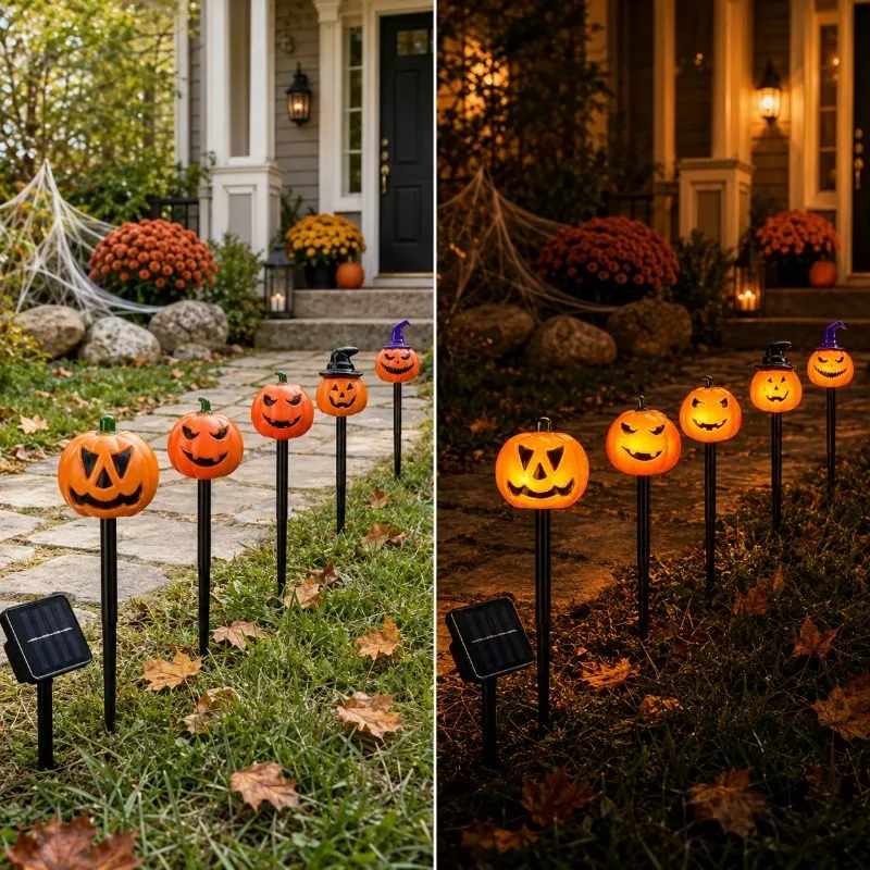 Solar Powered Halloween Pumpkin Stake Lights 5 Pack Outdoor Garden Lamp for Yard Patio Landscape Decoration Holiday Decor