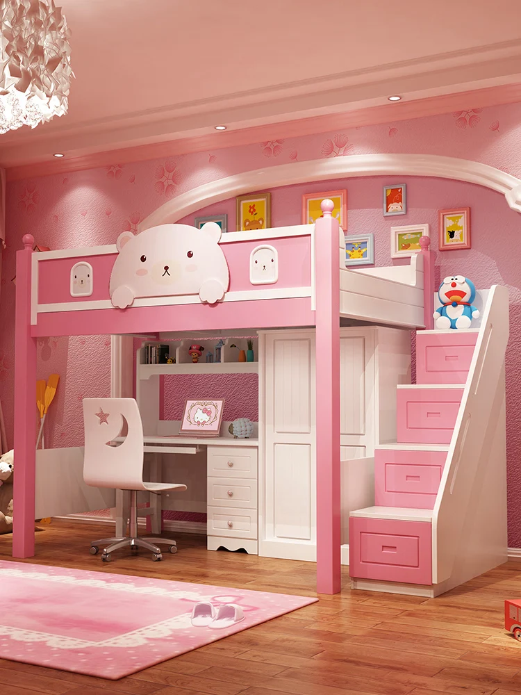 Children's bed, girl's bed, combination bed, desk, wardrobe, integrated space saving, double decker bed, elevated bed