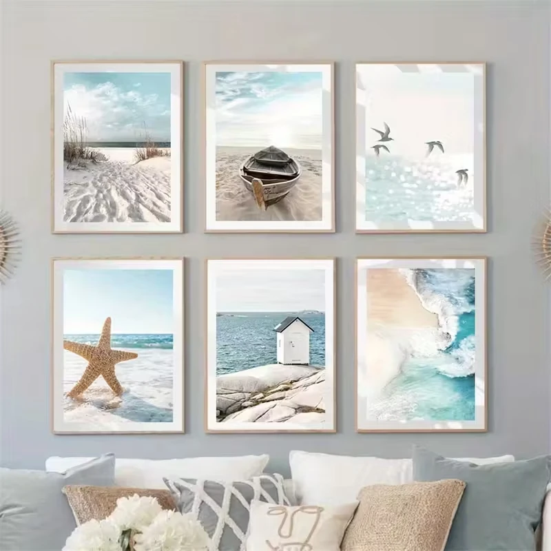 

6pcs Ocean Beach Posters Seagulls Starfish Canvas Paintings Coconut Wall Art Printed Sea Nordic Wall Living Room Decorations