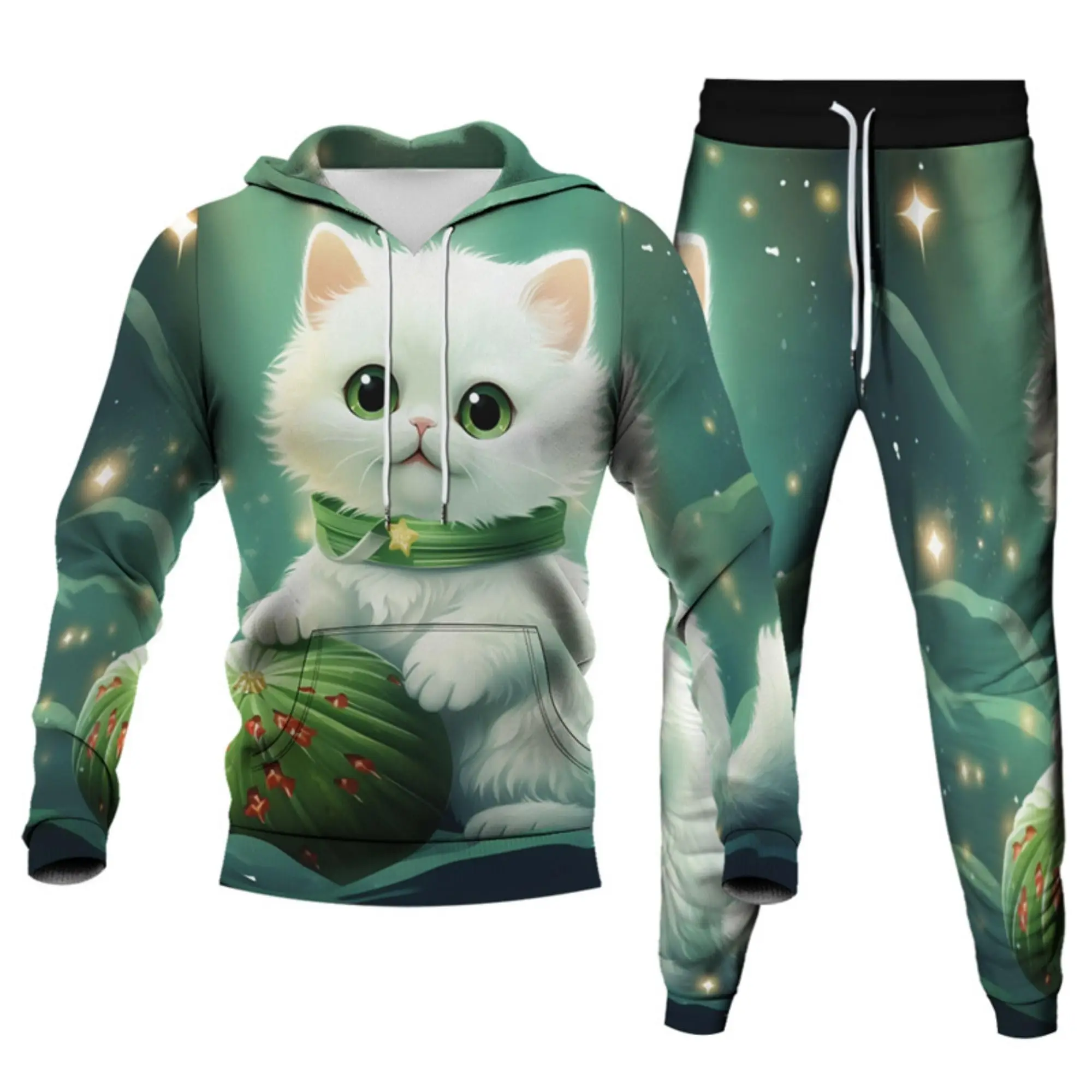 Unisex 3D Christmas Cat Printed Men Women Novelty Xmas Hoodie Adult Kid Two Pieces Tracksuits Sweatshirts Joggers Sweatpants Set