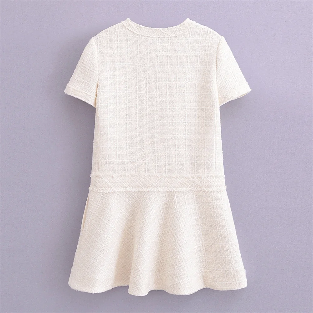 Imagem -04 - Mini Vestido em Estilo de Fragrância Feminina Gola Redonda Manga Curta Saia Texturizada Decorado Botão Pequeno Novo Primavera 2023