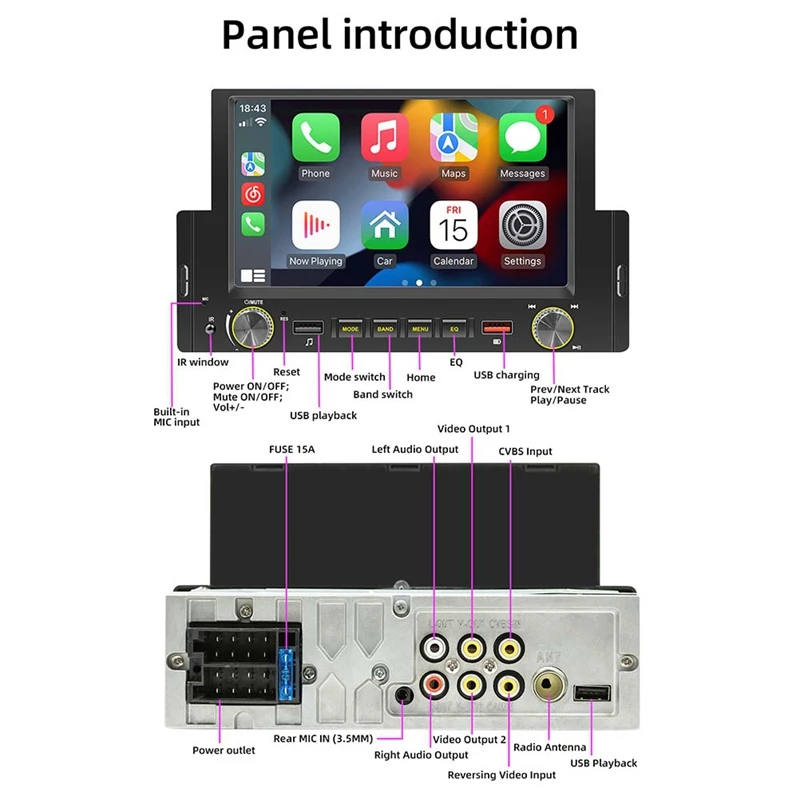 1Din 6.2Inch Screen Carplay Car Stereo Bluetooth MP5 Player 2USB FM Receiver，Audio System The Host