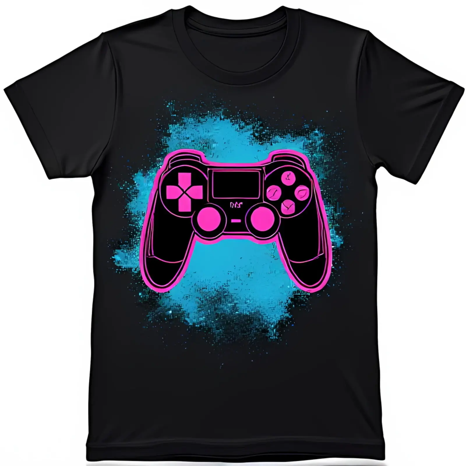 Bold Black T-Shirt with Pink & Blue Controller Design on Splatter Background