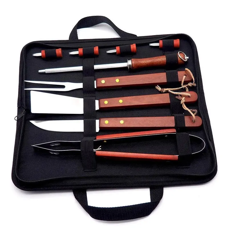 屋外キャンプ韓国風ステンレス鋼bbqグリルツールセット木製ハンドル多機能高品質裏庭バーベキュー用