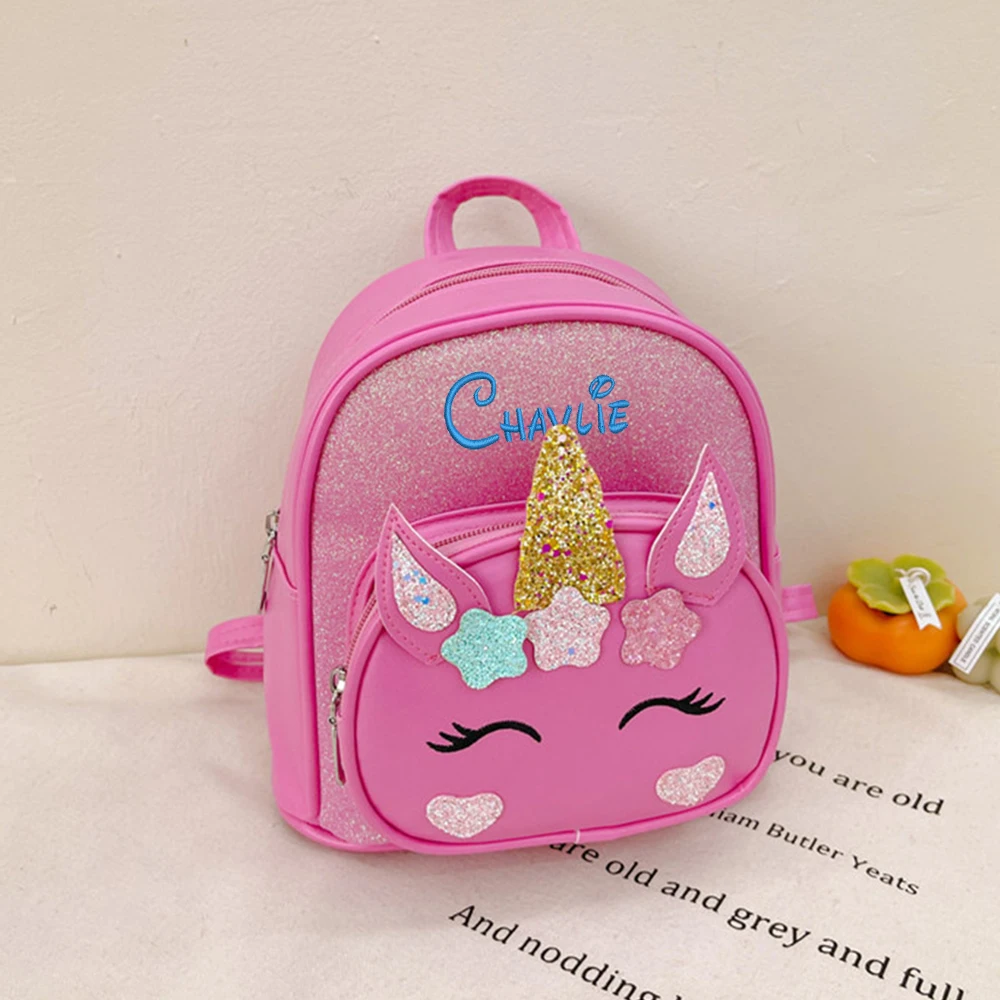 Mochilas de unicornio de PU con nombre personalizado para niños, mochila escolar de dibujos animados para jardín de infantes, mochilas de regalo