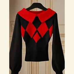 Autumn Winter Fashion Plaid Wool Knit Tops Elastic Slim Lantern Sleeve Pullovers Women Clothing Vintage Commute Warm Sweaters