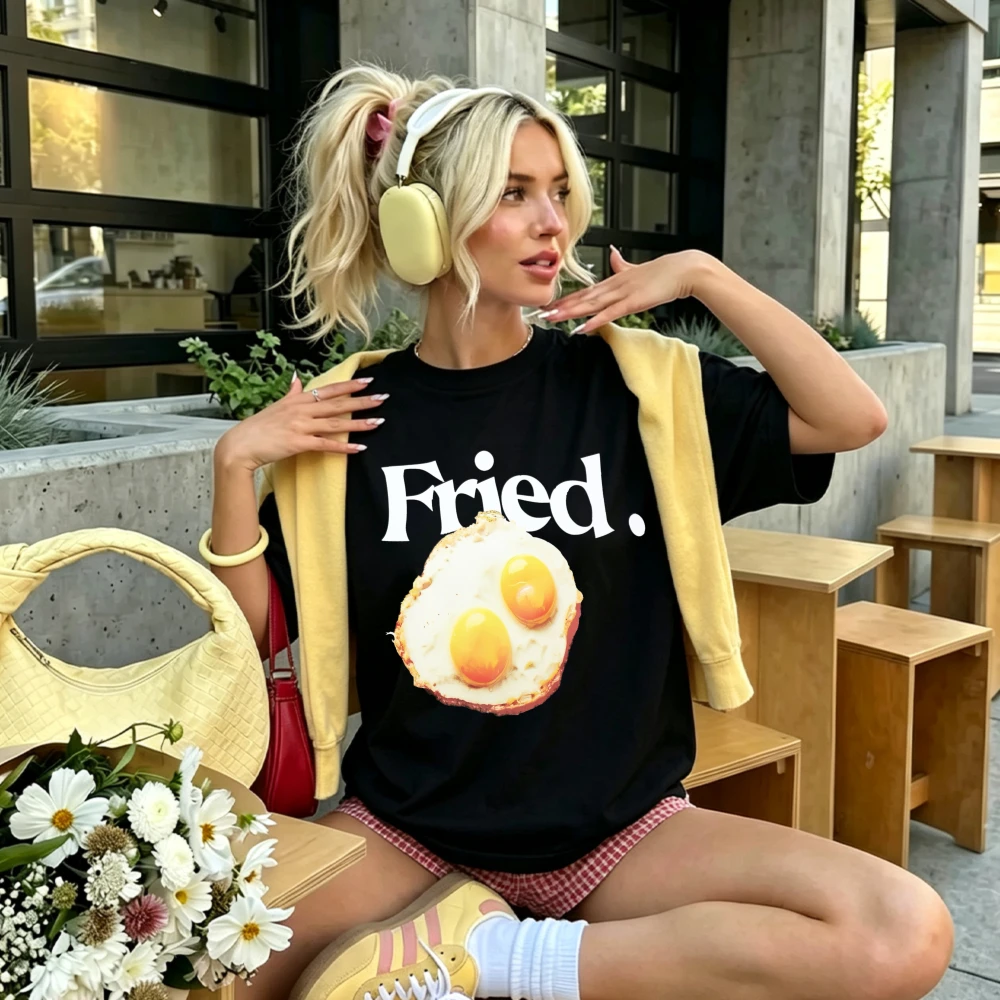 Women Funny Fried Double Egg Breakfast Graphic T Shirt Minimalist White Text Fried Egg Print Crewneck Casual Short Sleeve Tees