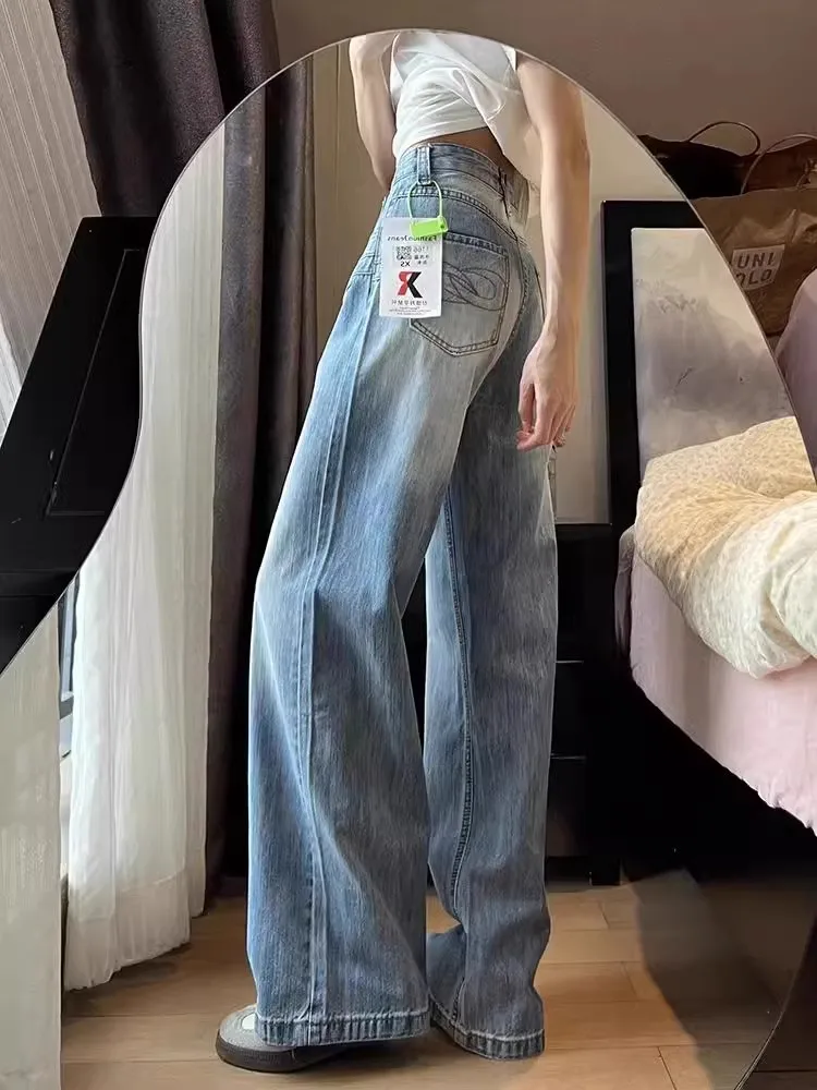 

American High Street Loose Straight Leg Denim Jeans Women's Autumn Winter New Design Washed Blue High Waist Wide Leg Long Pants
