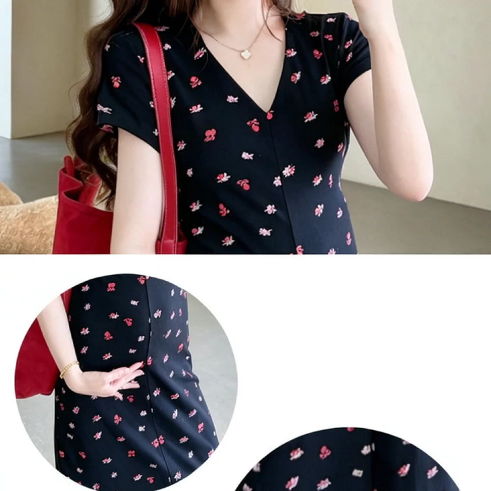 Summer Maternity Long Gown Floral Print V Neck Loose Breathable Cotton Clothing Elegant Style For Expecting Women