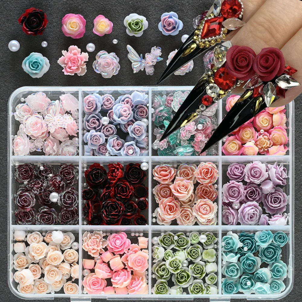 12grids Gothic Bloody Rose Resin Nail Charms Gilded Shiny Gradient Camellia Nail Decoration Mix Butterfly Flowers Manicure Parts
