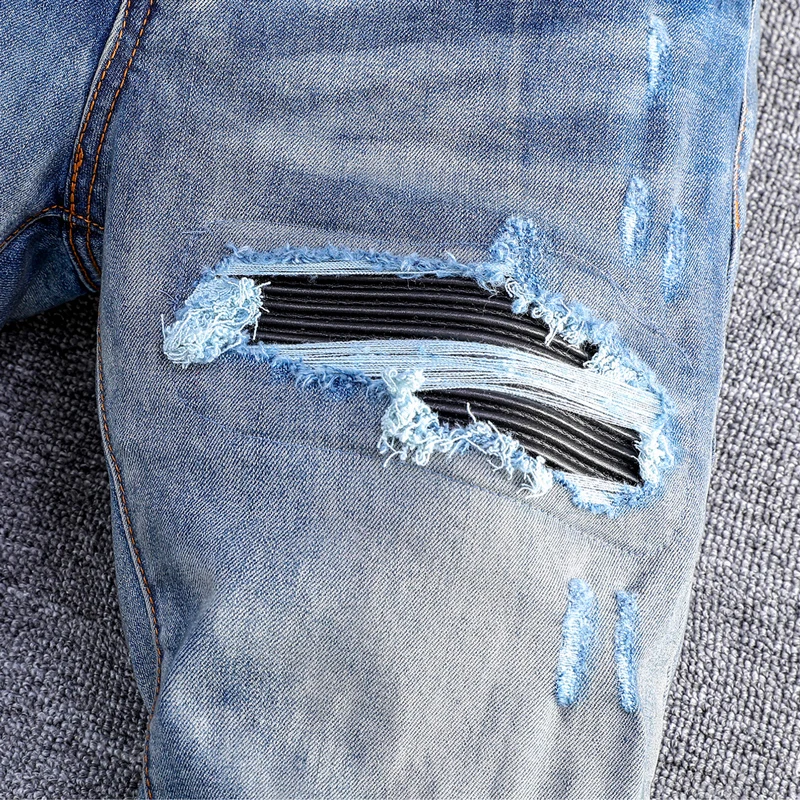 High Street Fashion Men Jeans Retro Blue Stretch Skinny Fit Ripped Jeans Men Black Leather Patched Designer Hip Hop Brand Pant