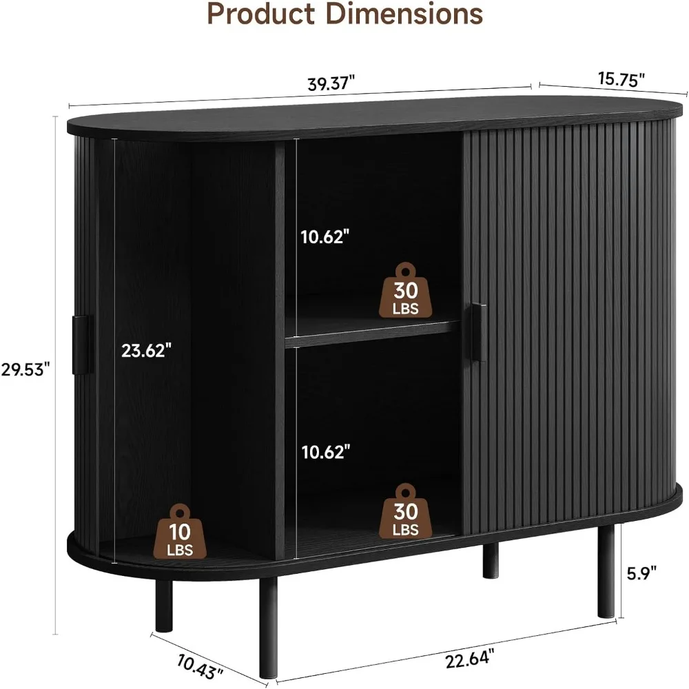 Buffet Cabinet with Storage, Fluted Sideboard Buffet with Sliding Door, Coffee Bar Cabinet with Adjustable Shelf, Console Table, Accent Table for Entryway, Kitchen (Black, 40 Inch)