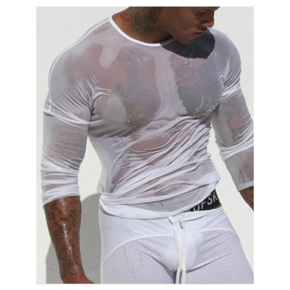 Mens Lace Fishing Net Long-sleeved T-shirt Gym Male Exotic Tank Tops Night Club Vest Men Mesh Transparent Sexy Bottoming Shirt