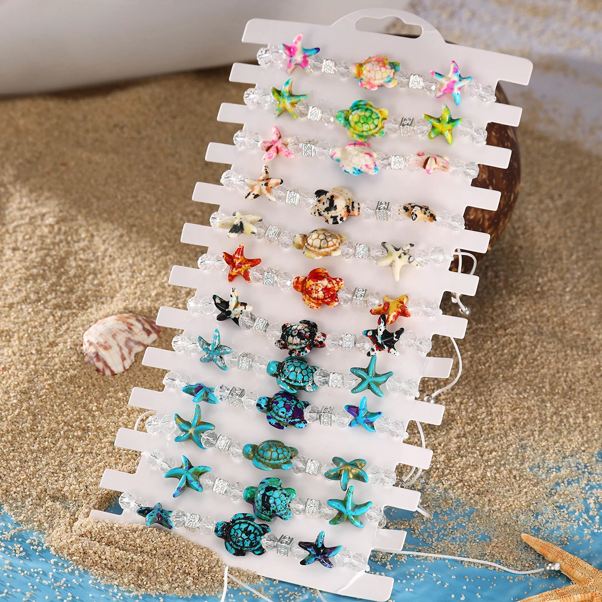 12 new tortoise starfish woven stretch bracelet set (color random)