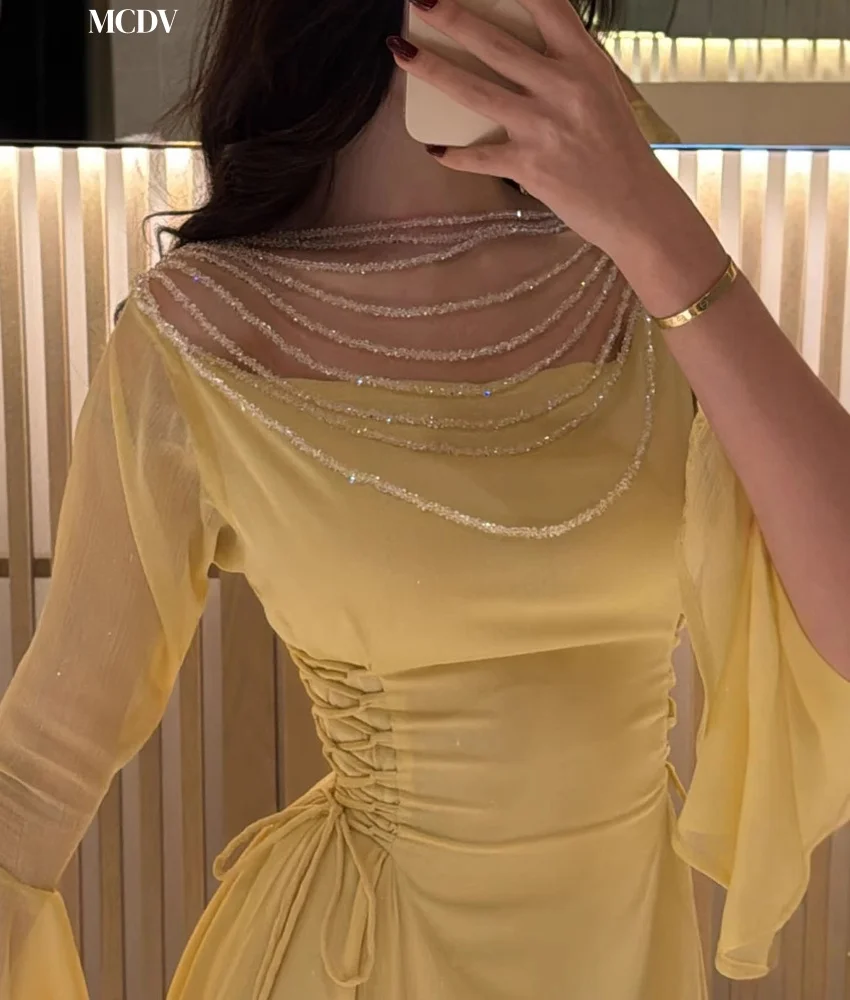 Customized Graceful Chiffon A-Line Off the Shoulder Sequined Beading Evening Dress Delicate Boat Neck Long Sleeves Party Gowns