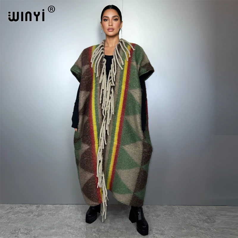 

WINYI зимний дизайнерский топ женский плащ с кисточками открытая абайя пончо длинное пальто толстое теплое женское пальто для женщин африканские пальто