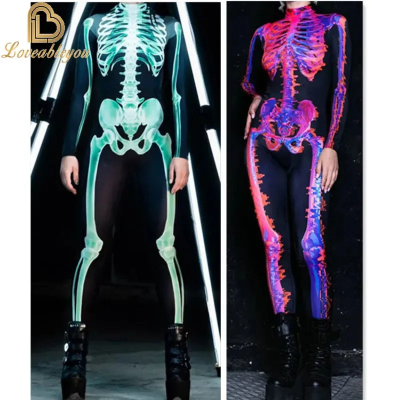 

Women Human Body Skeleton Bone Flower Skull 3D Printing Dress Up Jumpsuit Halloween Party Cosplay Costumes Outfit