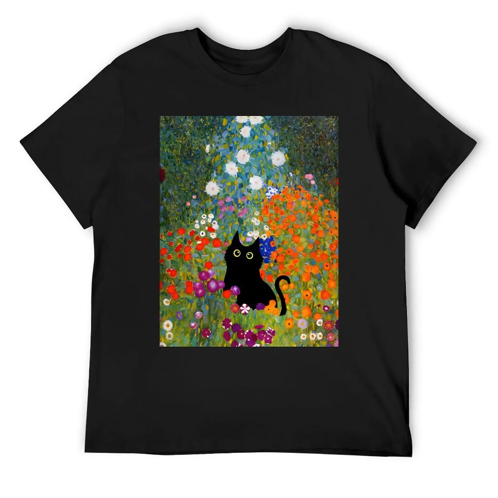 Black Cat in Flowers Garden Gustav Klimt T-Shirt blue archive anime stuff vintage t shirts mens shirts graphic tee