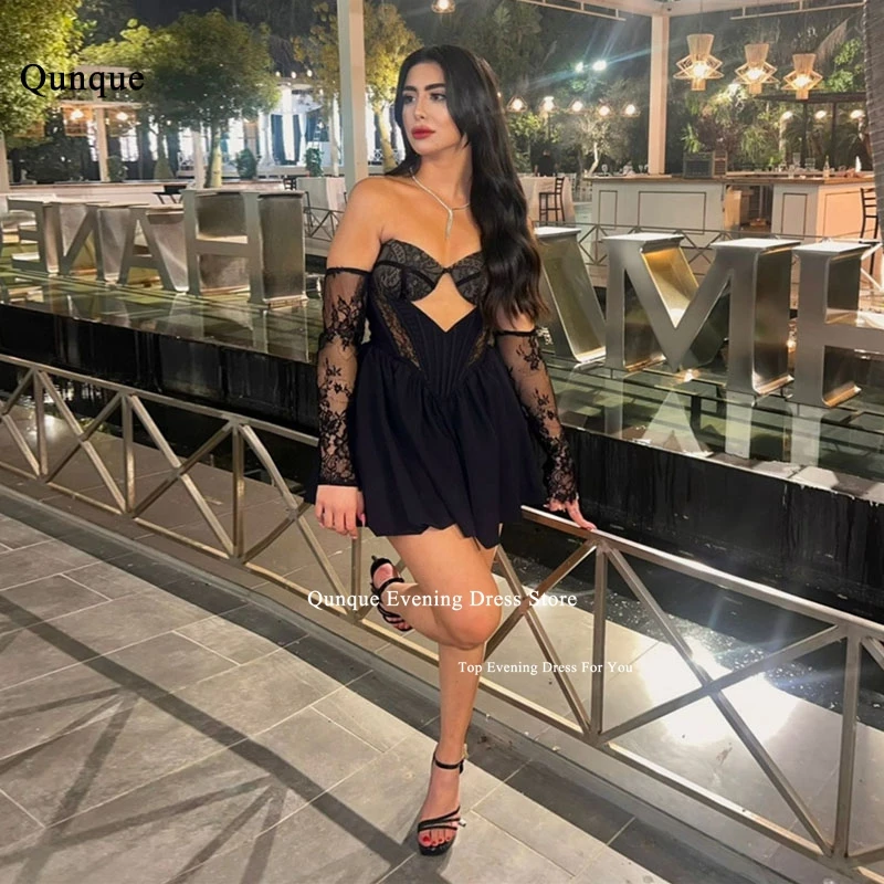 

Qunque Hollow Front Homecoming Dresses 2024 Black Lace Above Knee Cocktail Party Dress Detachable Long Sleeves Vestido De Fiesta