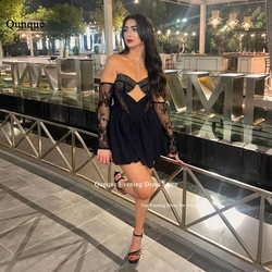 Qunque Hollow Front Homecoming Dress Black Lace Above Knee Cocktail Party Dress Customized Detachable Sleeves Vestido De Fiesta