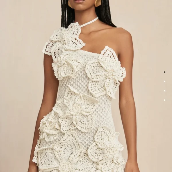 

Sexy 3D Flower Embellished Tie Back Crochet Dress White Cotton Knitted Eyelet Sleeveless Lace Up Halter Mini Dress Women Luxury