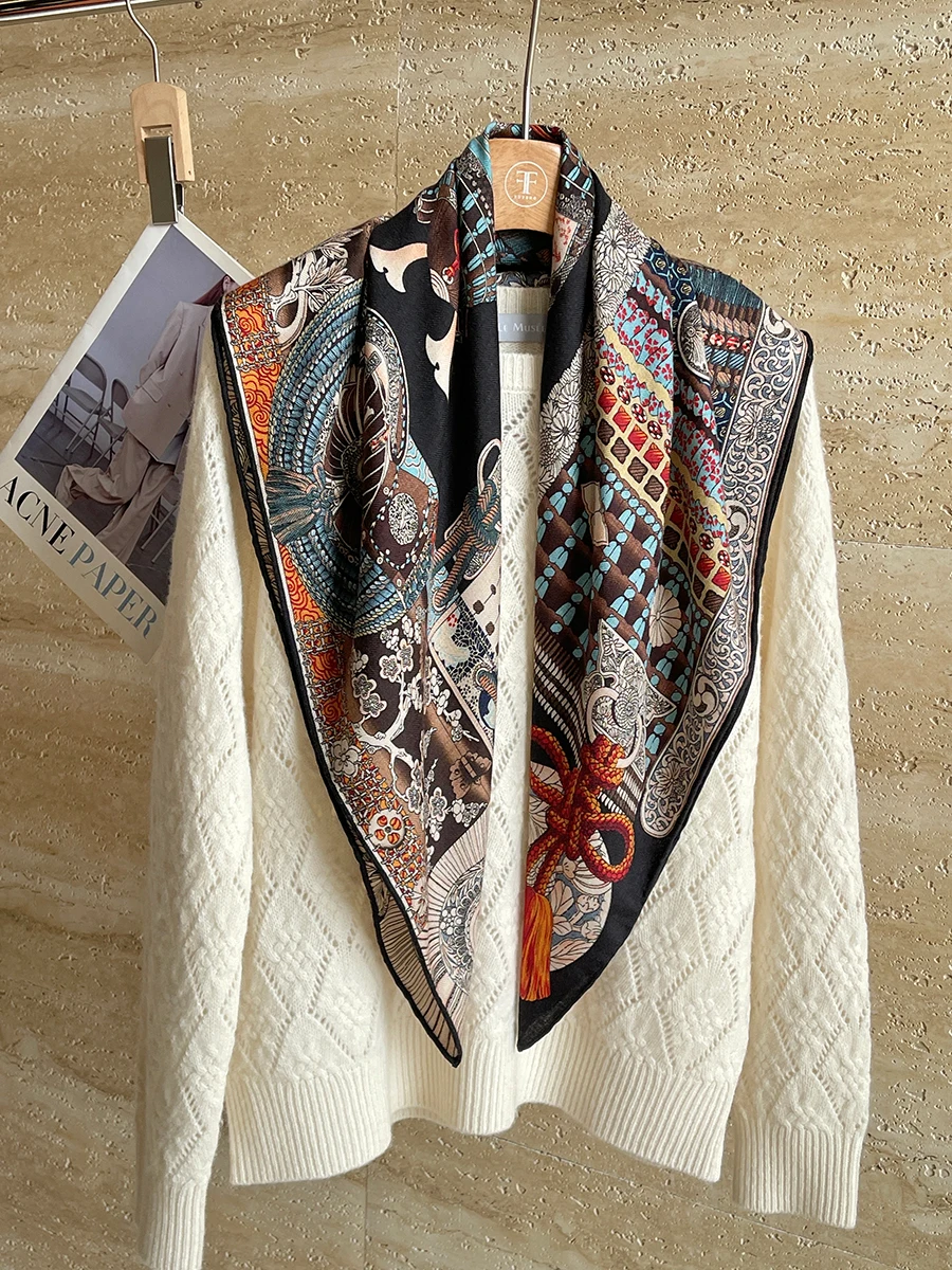 Double Print Silk Wool Blend Scarf 85CM Scarfs Luxury Hand Rolled Shawls Women Square Bandanas Scarves Mother Christmas Gift