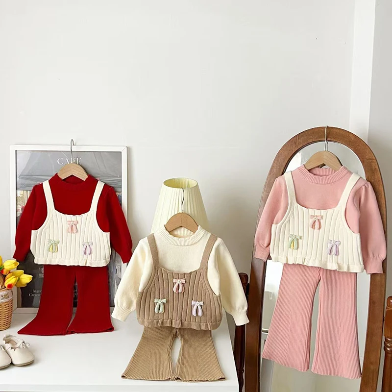

Вязаный комплект одежды для маленьких девочек от 2 до 6 лет, осенне-рождественский костюм, милый ложный свитер из двух предметов с бантом + расклешенные брюки, вязаный комплект для девочек