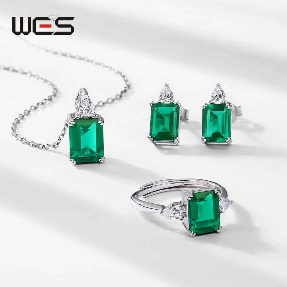 

WES 925 Silver Crystal Gemstone Lab Created Emerald Jewelry Set for Woman May Birthstone Sparkling Jewelry Wedding Birthday Gift