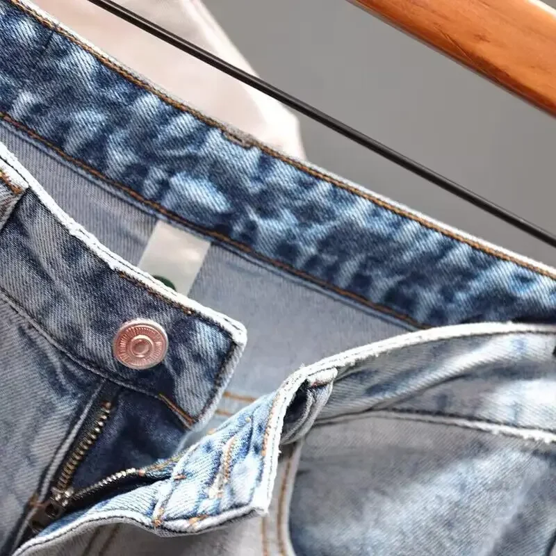 Celana Jeans Pria Model Ripped Distressed Denim Washed Panjang Se-mata Kaki Model Pensil Sambungan Patchwork Skinny Berlubang Gaya High Street