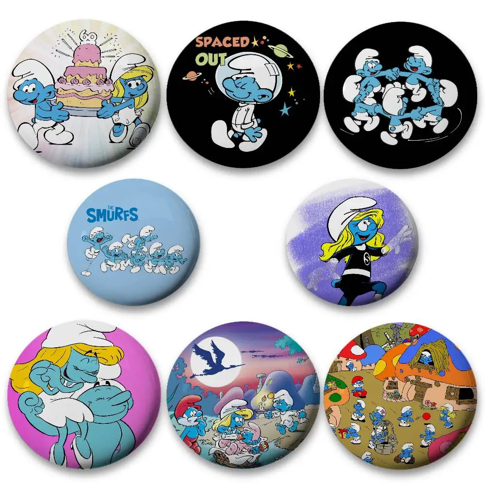 Insignias de dibujos animados de The S-Smurfs, alfileres redondos con eslogan, broches creativos, mochila, decoración de ropa, regalos de moda