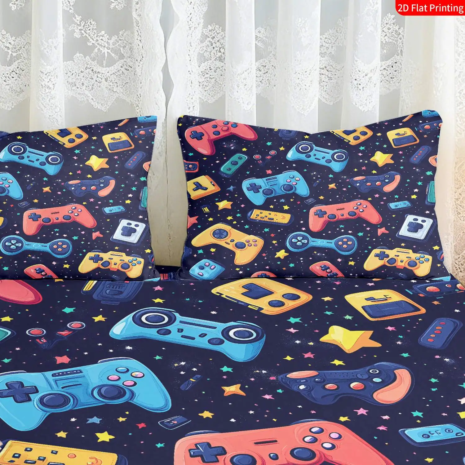 Digital Print Bed Sheet Set: Flat Print Bed Sheet in Modern Gaming Style, Retro Video Game Theme Bedding, Game Controller and Star Print. Large Capacity Deep Pocket 2D Print Bed Sheet and 2 Pillowcases. Bedding Mattress Protector. Elastic Bed Sheet Style. Protective Cover. Mattress Protector. Suitable for all seasons. Machine washable design. Holiday decoration. Various sizes. Breathable protective cover with pillowcases